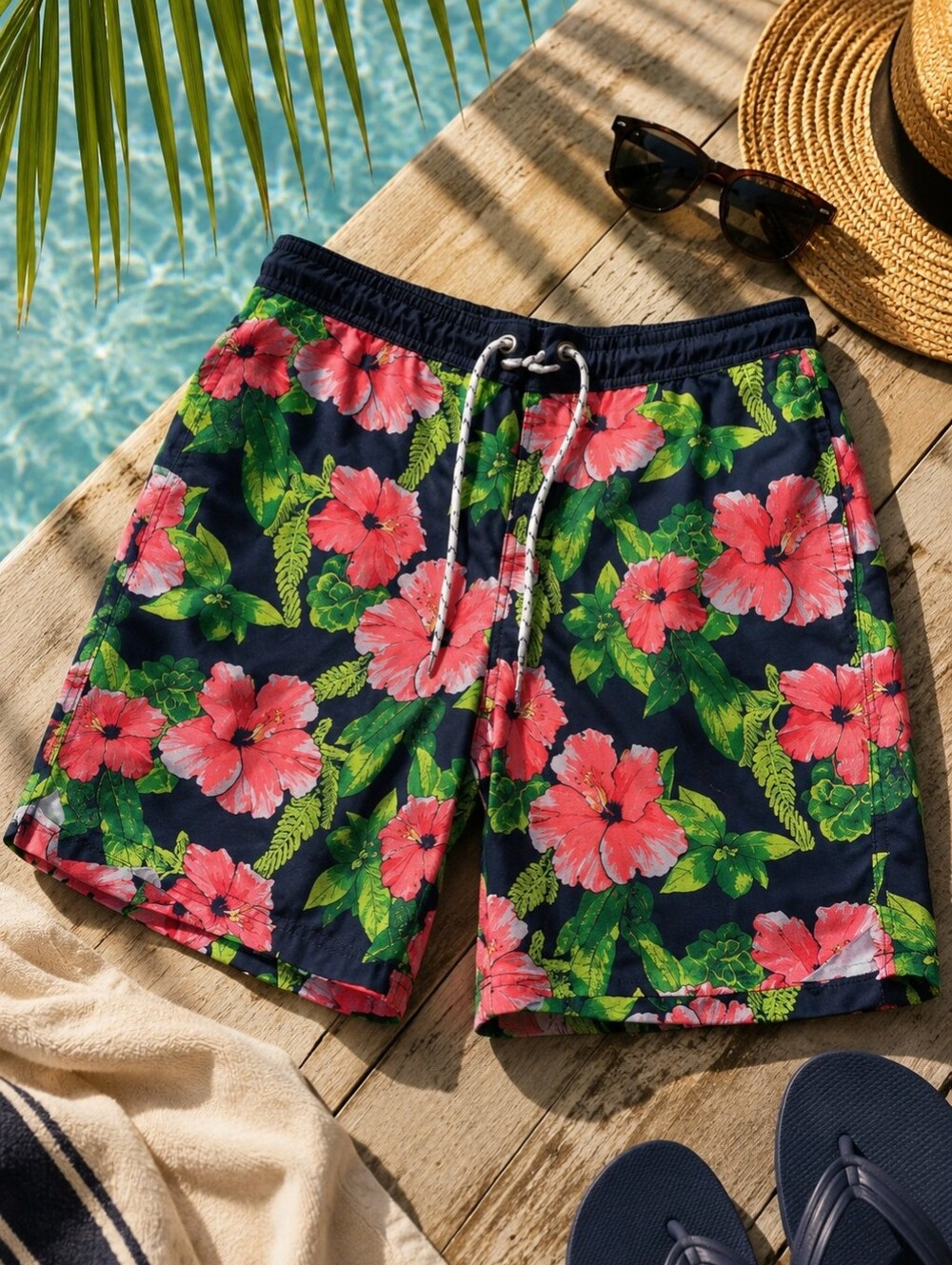 Goodfellow Men's Hibiscus Floral Swim Trunks Board Shorts Navy Pink M